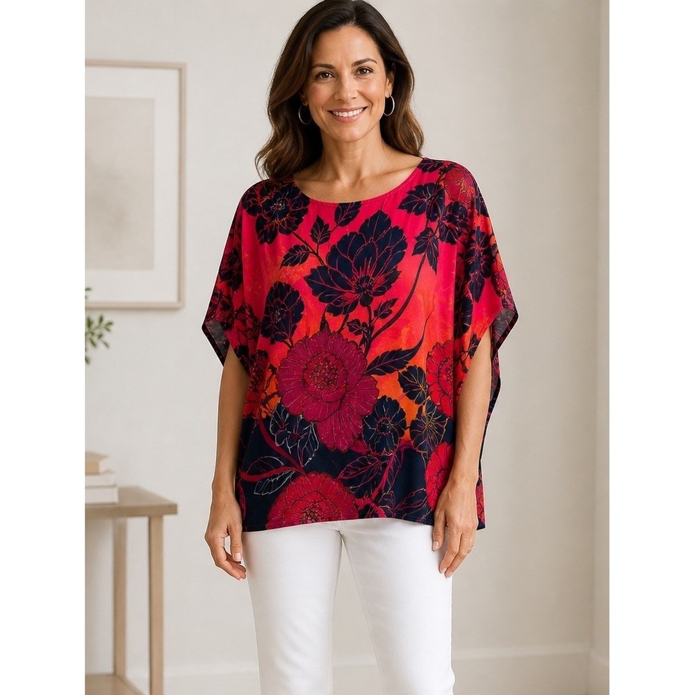 Chicos Top Womens Small Red Black  Blouse Kimono Sleeve Relaxed Career